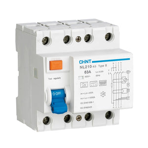 Chint NL210 type B fejlstrømsafbryder (RCD/HPFI), 4-polet, 30 mA, 10 kA